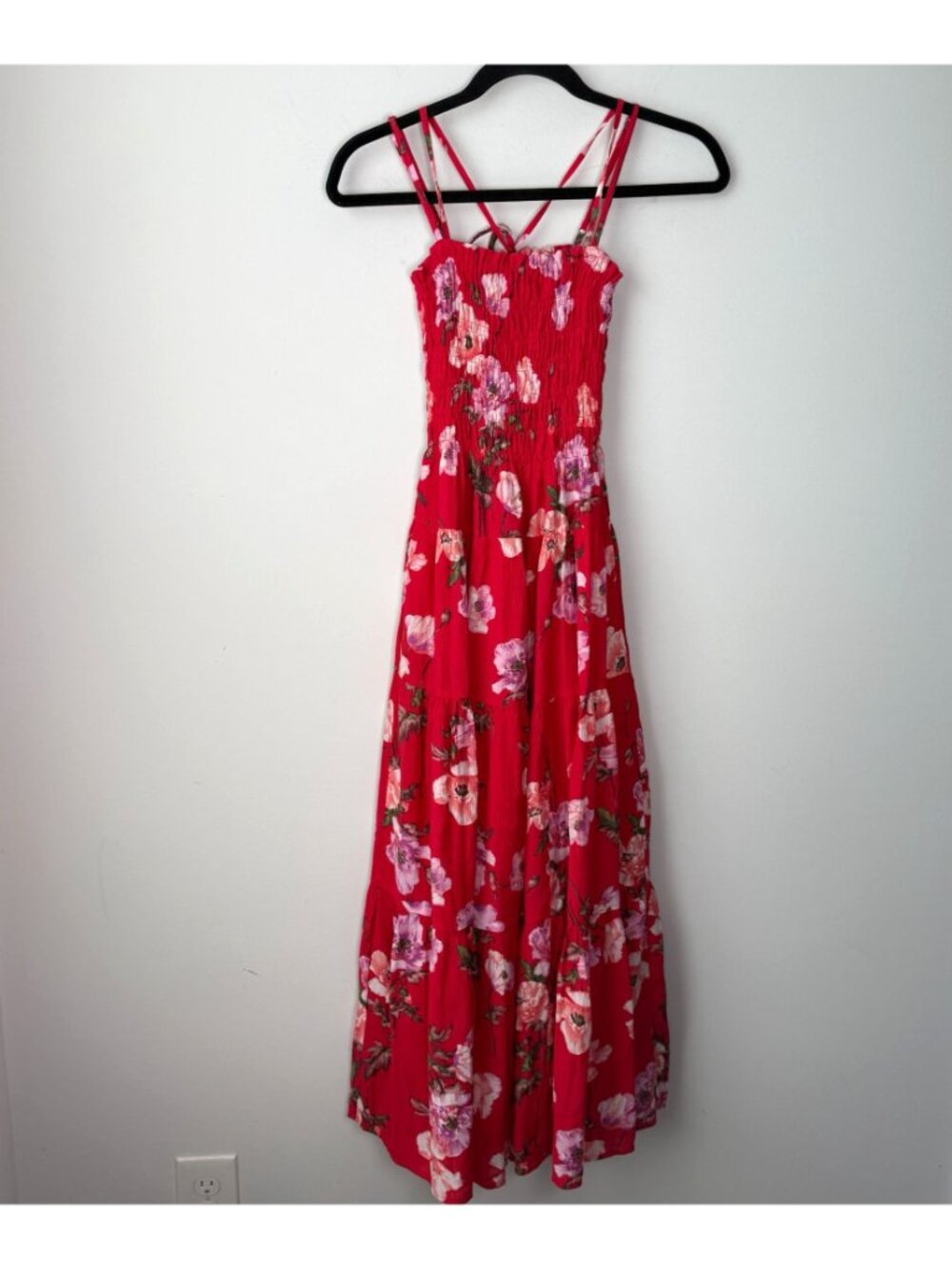 Abercrombie & Fitch Smocked Bodice Maxi Dress Red Floral Print XXSP Vacation - Picture 4 of 12
